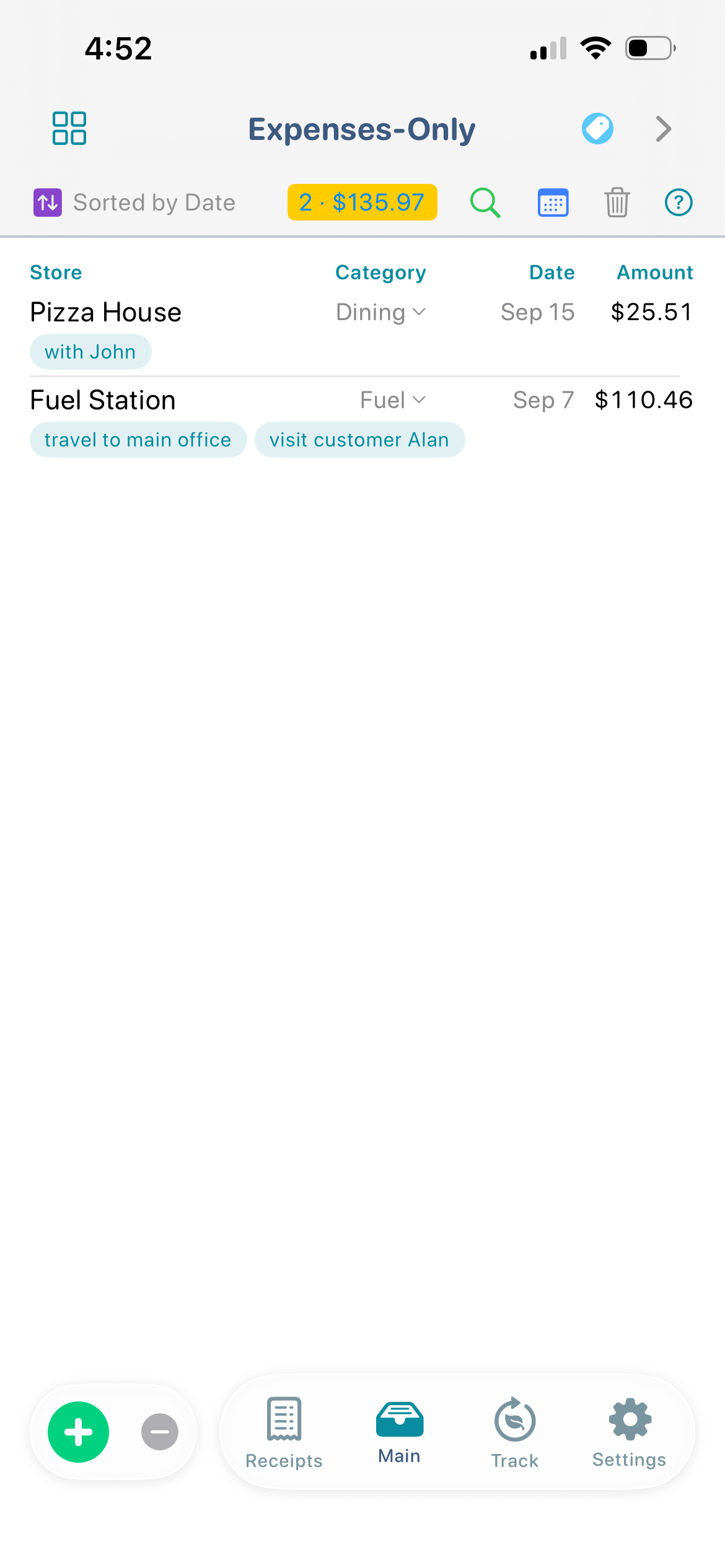 ItsRecord Expenses-Only screen