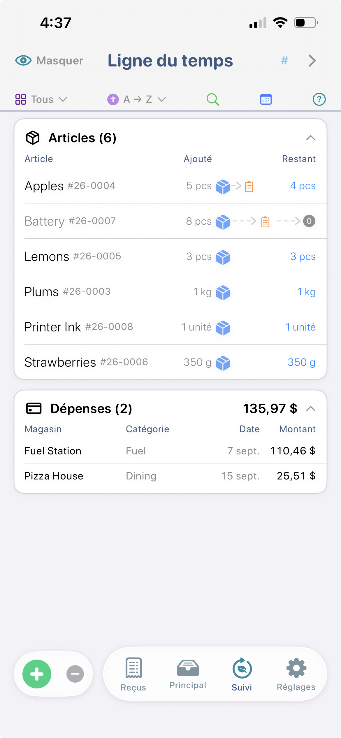 Ligne du temps ItsRecord affichant les articles et les dépenses