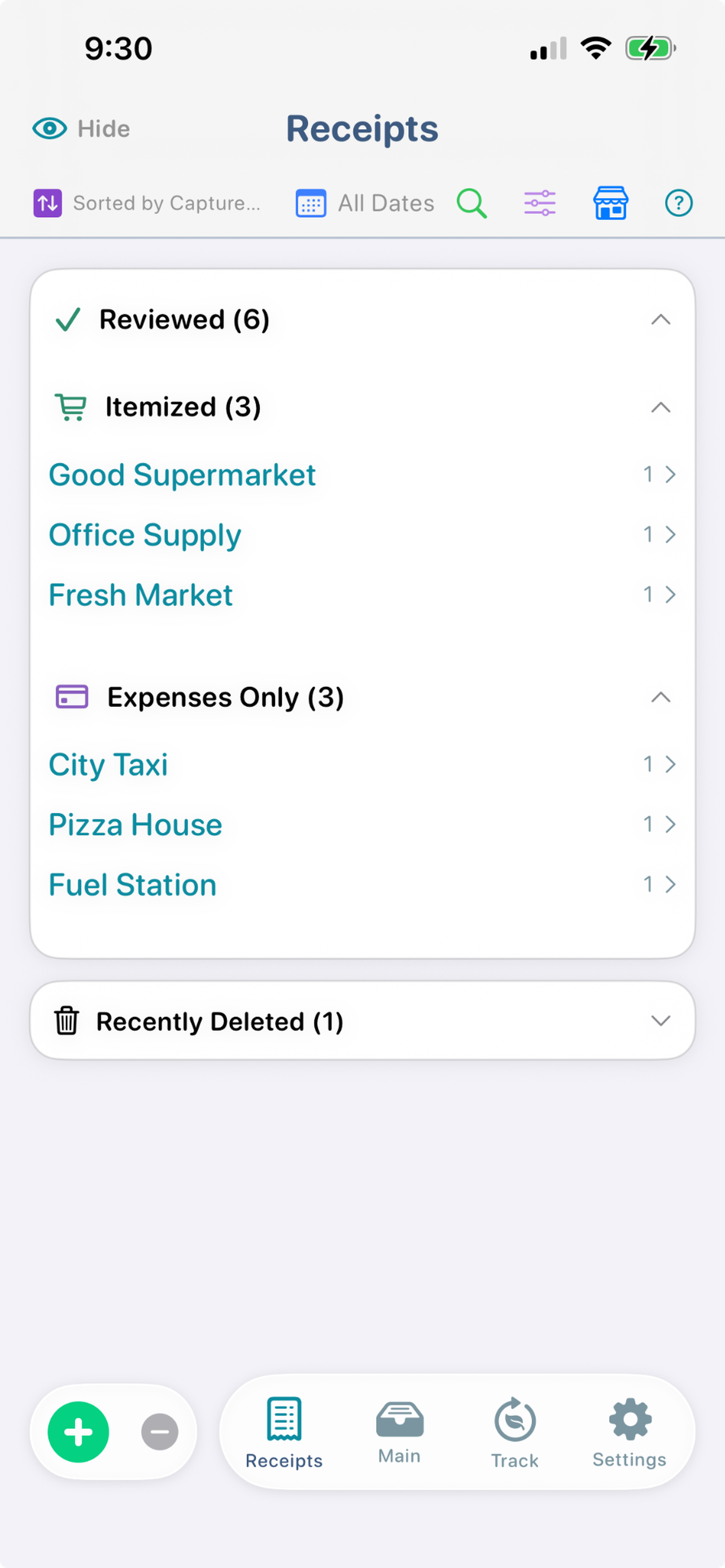 ItsRecord Receipts screen