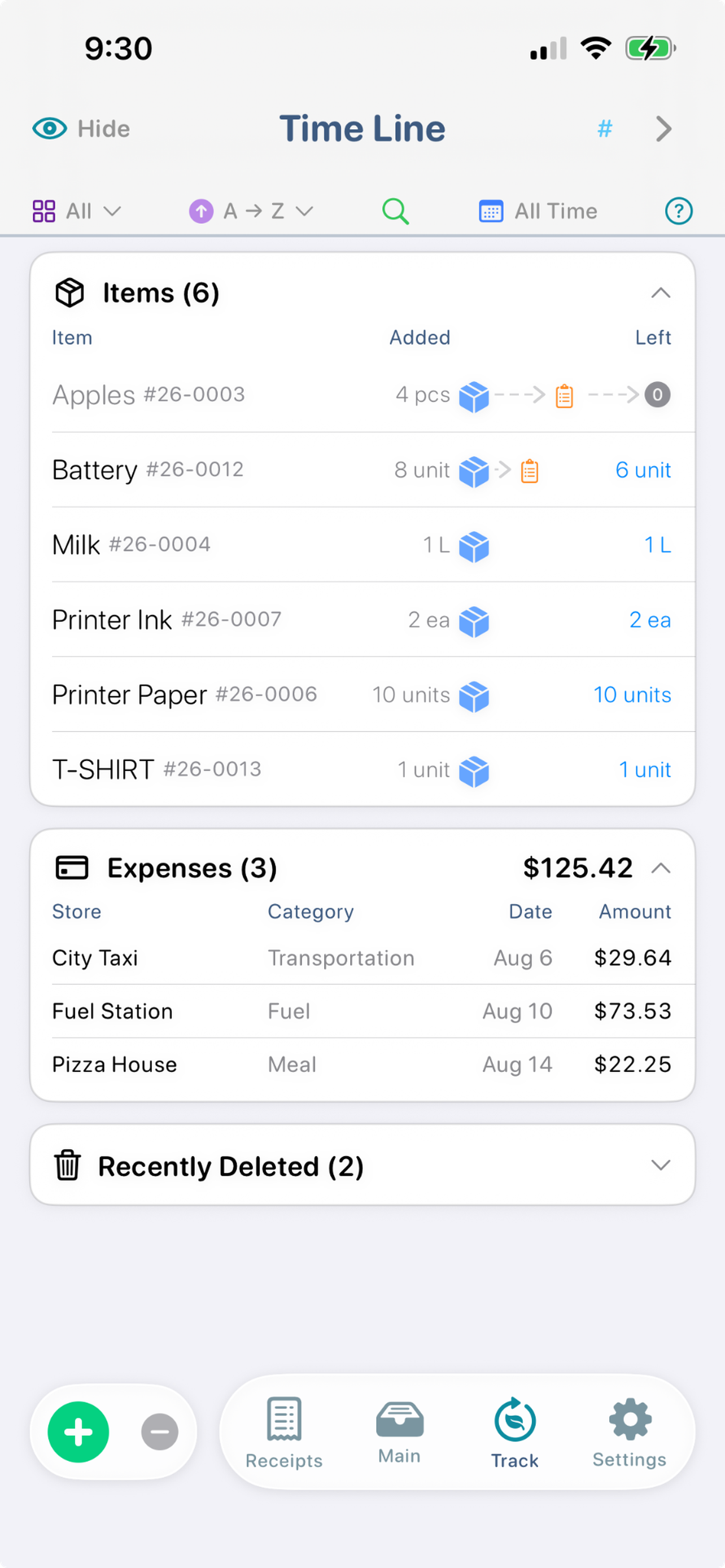 ItsRecord Track Time Line showing Items and Expenses